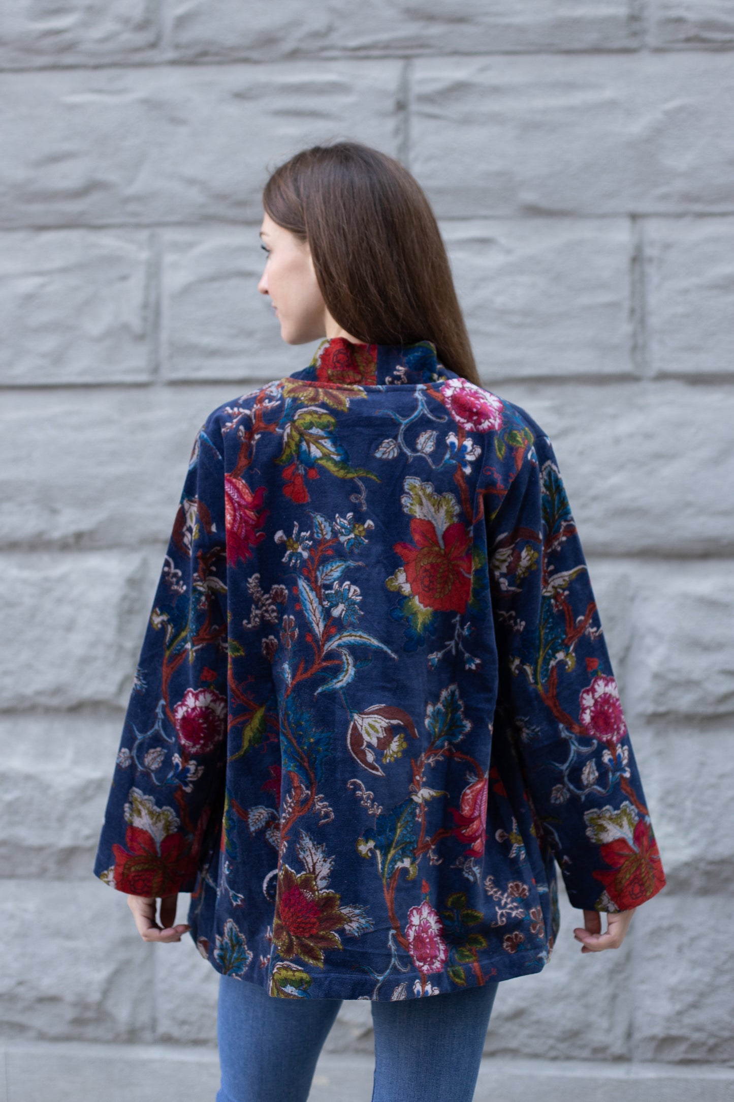 Japanese-Inspired Velvet Kimono Cardigan | Bird Print Short Jacket