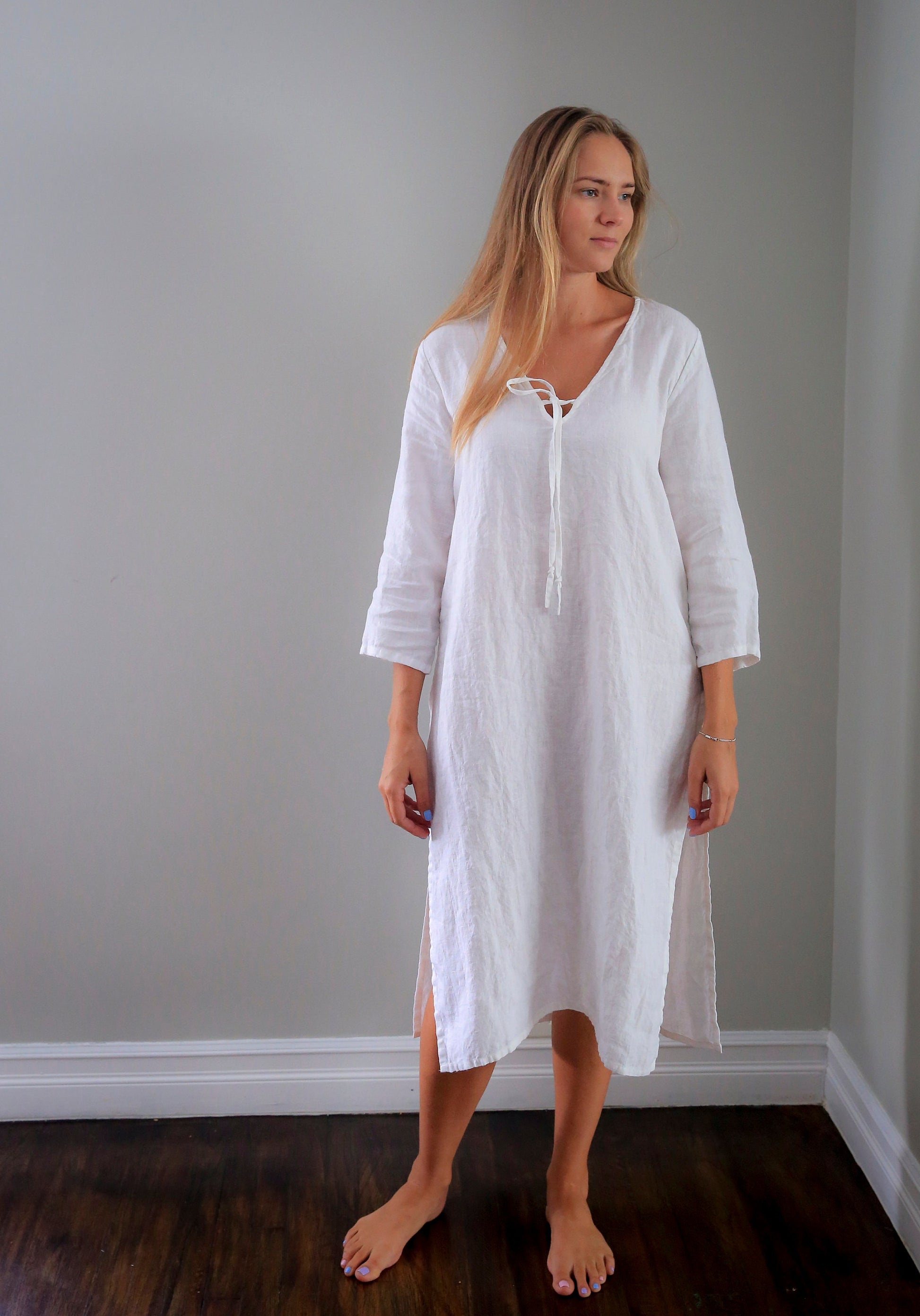 Comfort-focused Tasha caftan made with 100% pre-washed linen.
