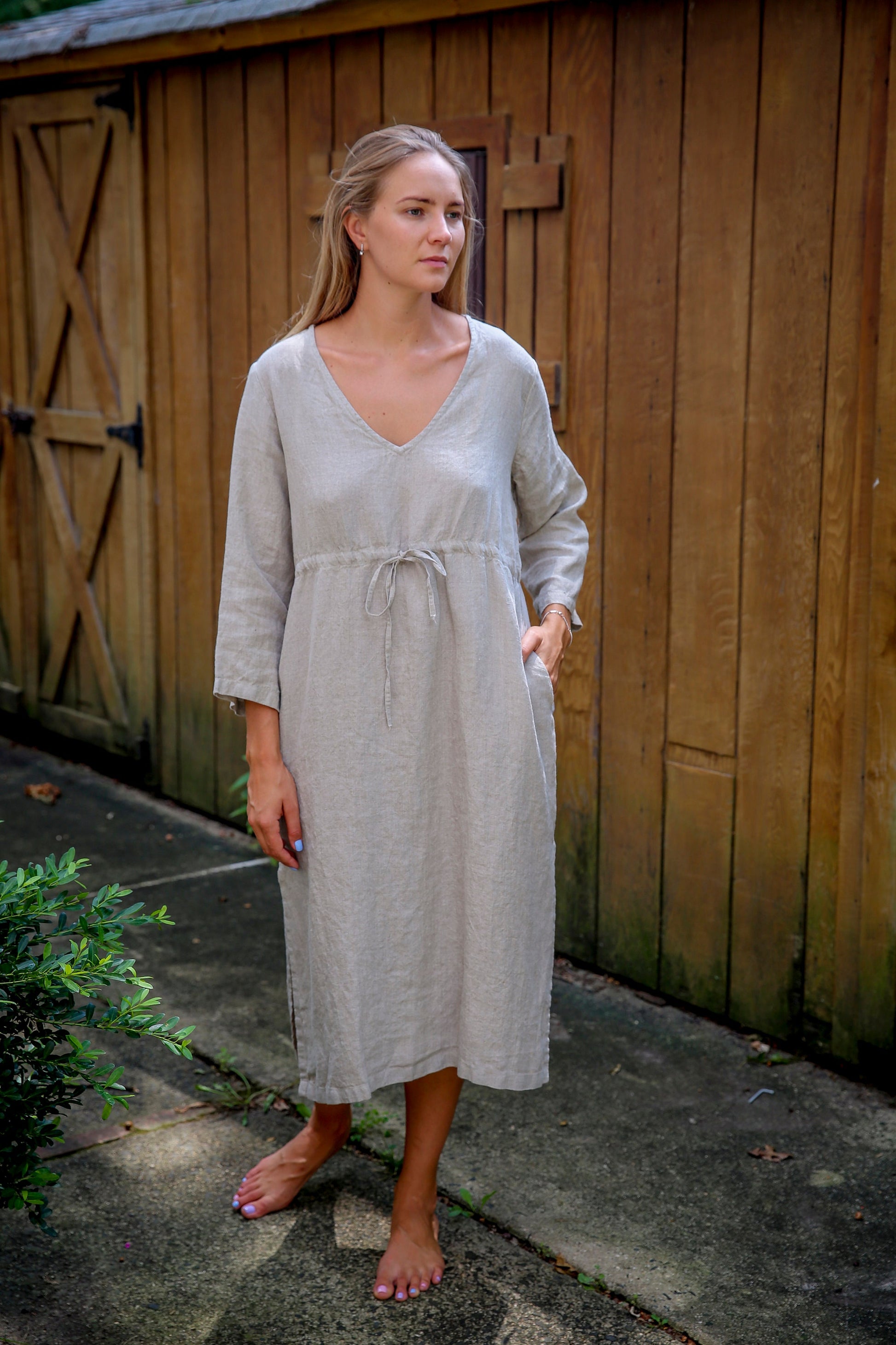 Soft and comfortable white linen dress with natural wrinkles.