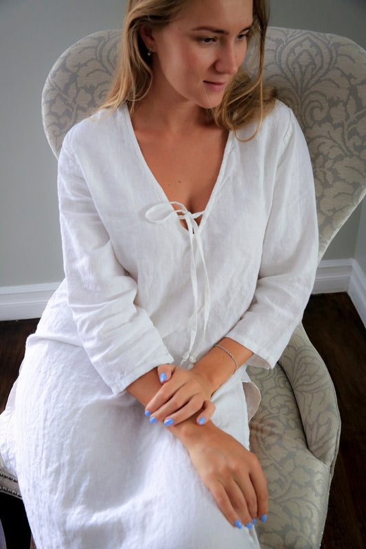 Front view of Tasha Linen Caftan, showcasing the relaxed fit.