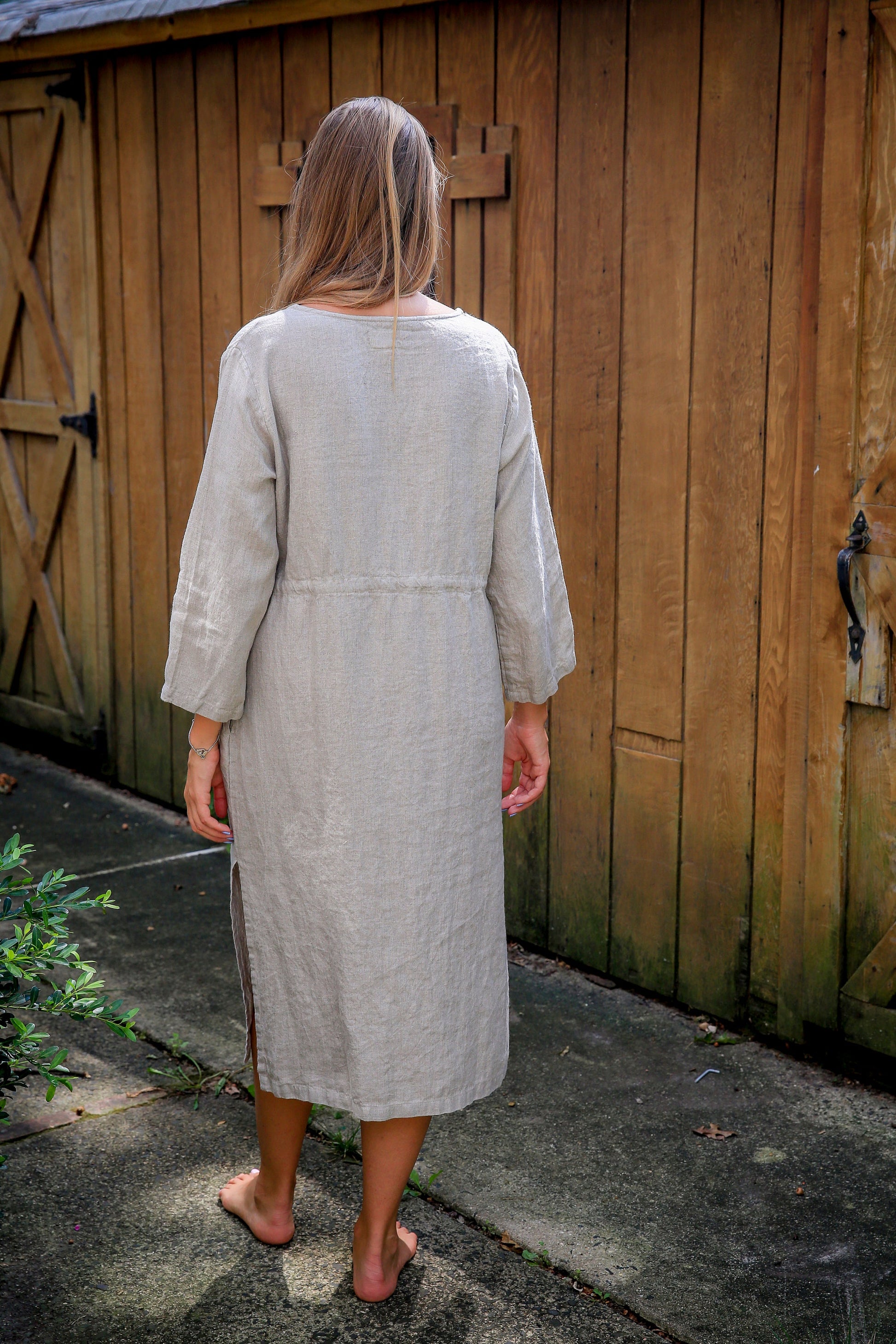 Pre-washed linen caftan dress showcasing great texture.