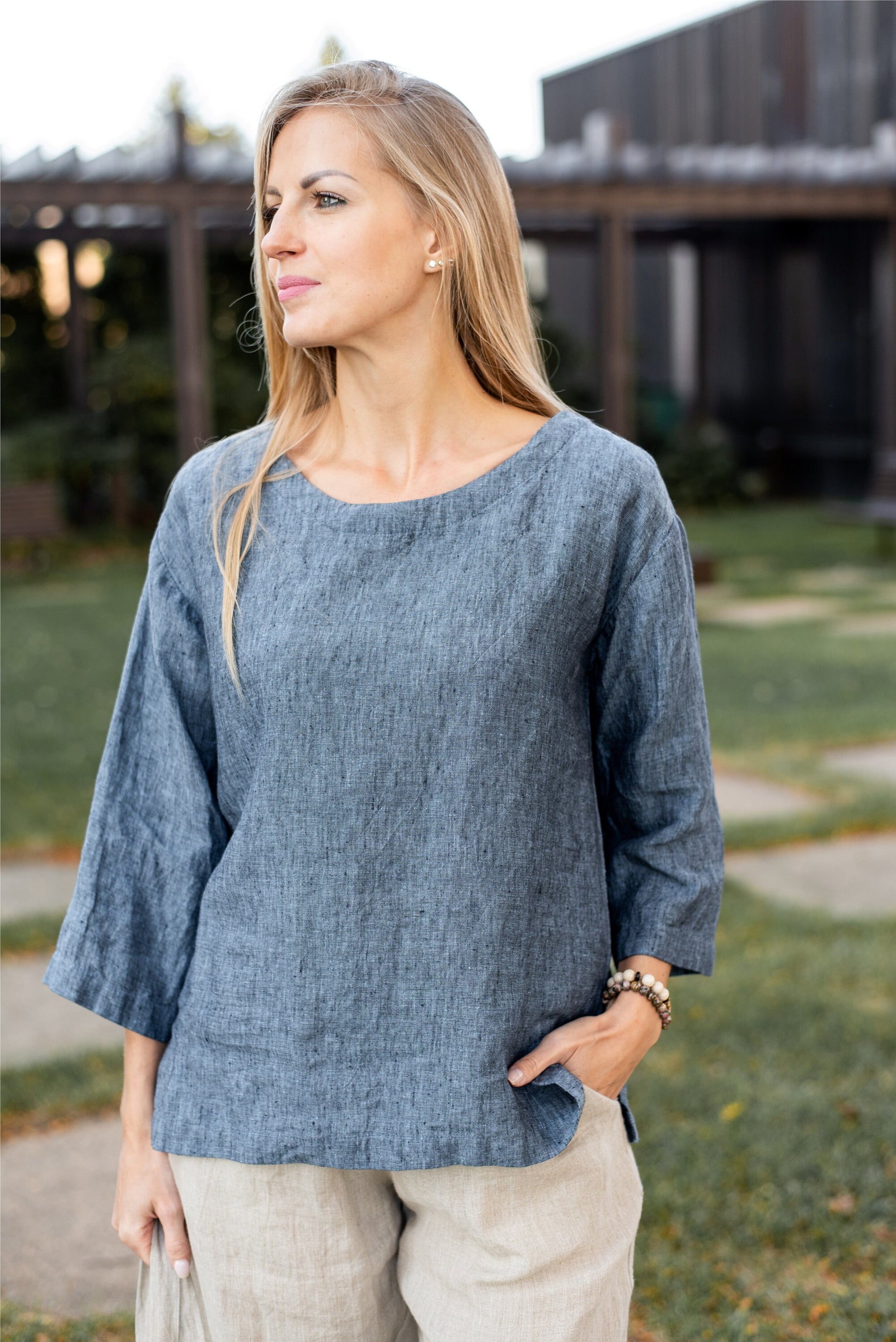3/4 sleeve Linen Top offering soft, breathable comfort.
