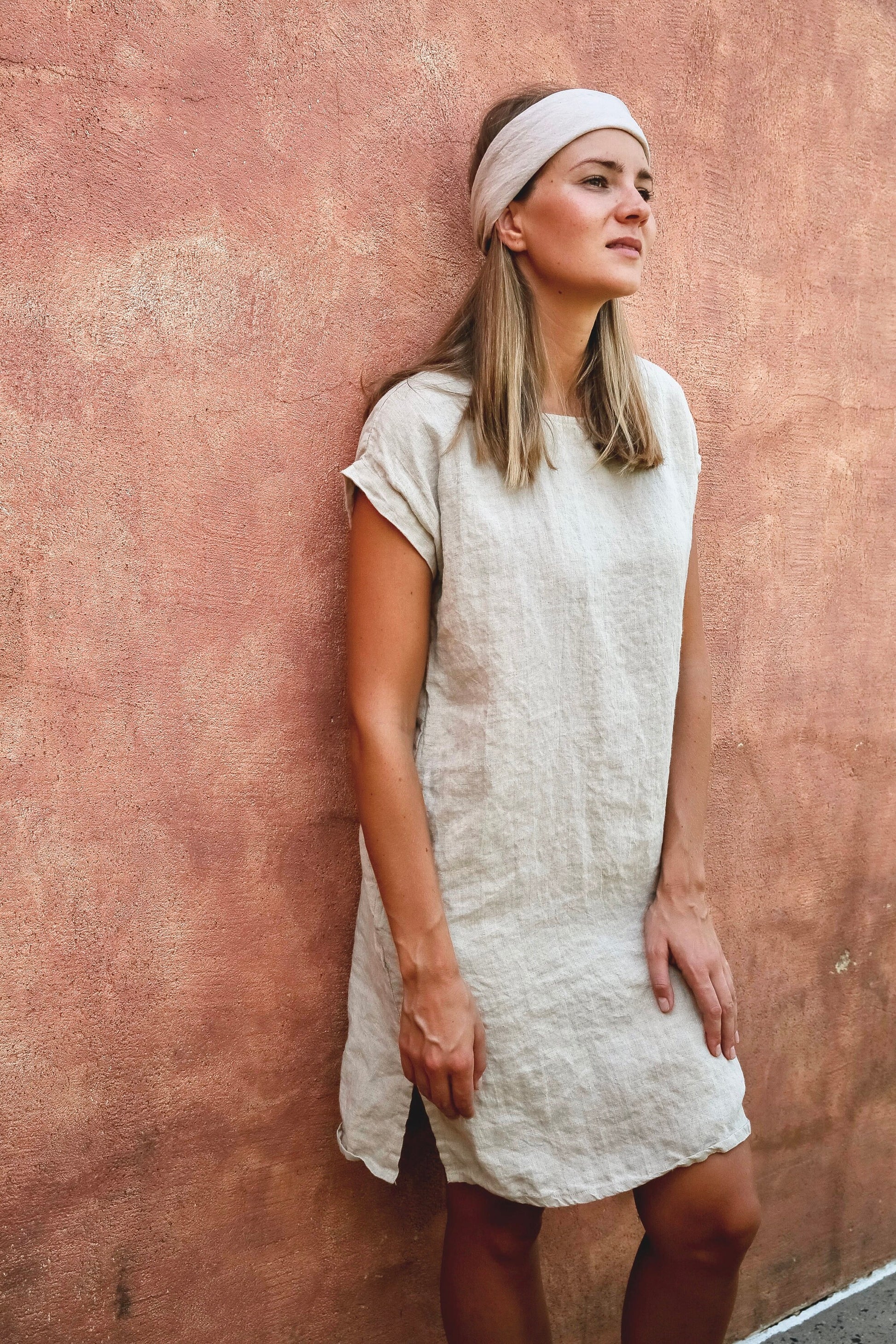 Linen tunic dress showcasing natural European flax texture.