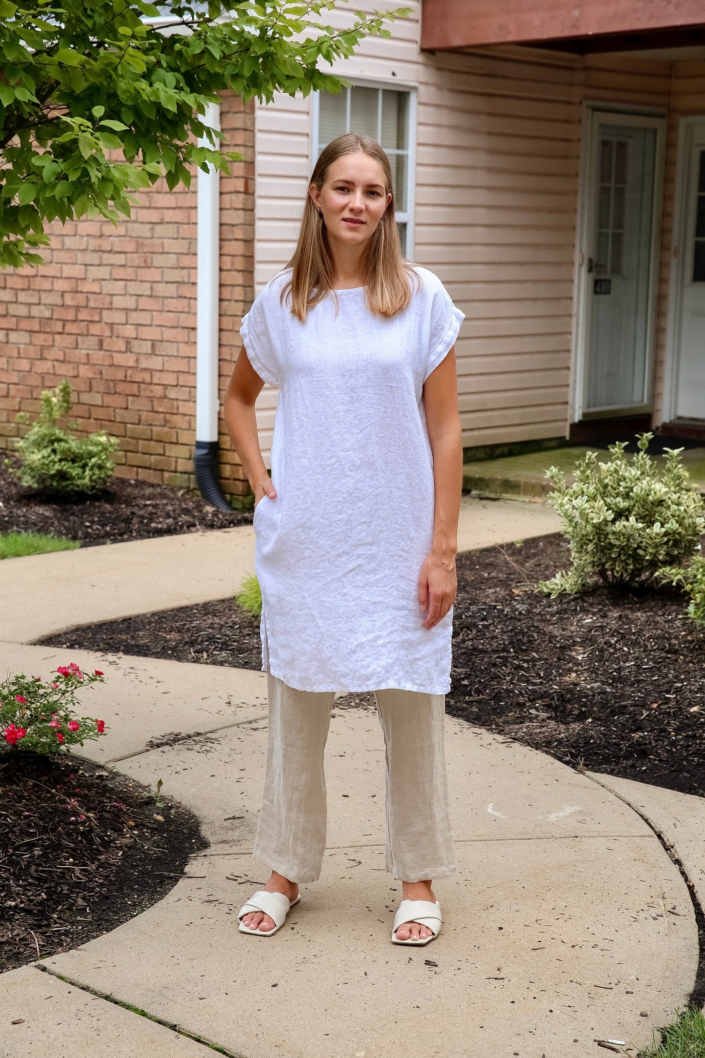 Graceful silhouette in a soft, comfortable linen homecoming dress.