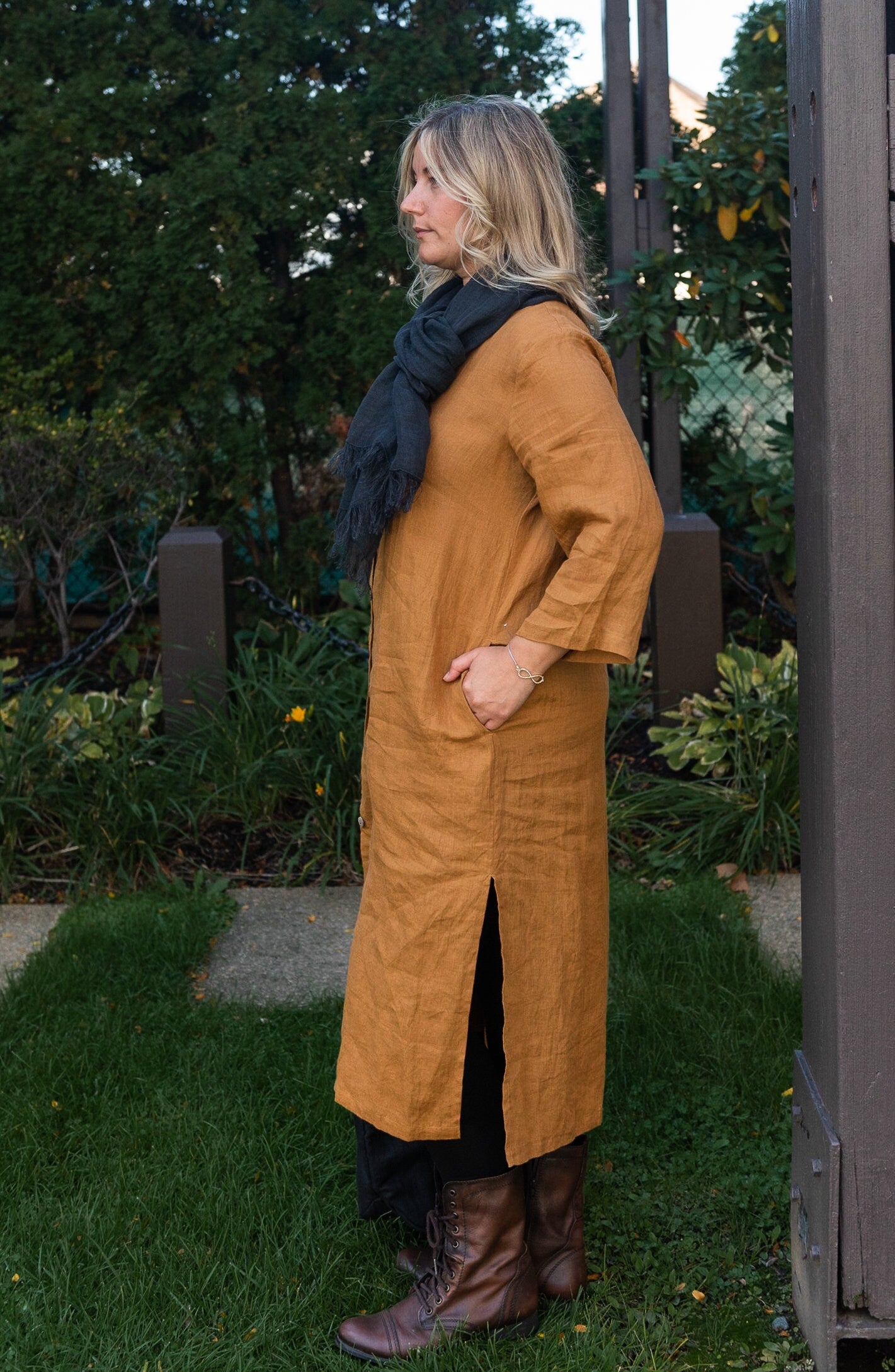 A perfect meld of style and comfort - mustard linen Nadya duster caftan.