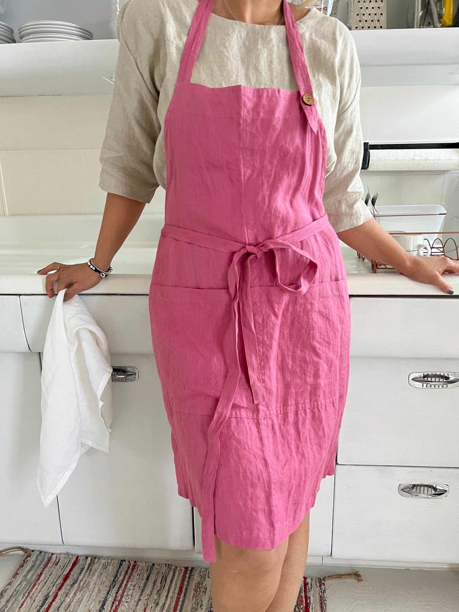 Close-up showcasing the high-quality linen texture of the apron.