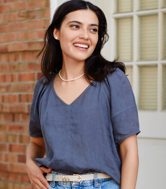 Airy Linen V-Neck Top with Puffy Sleeves