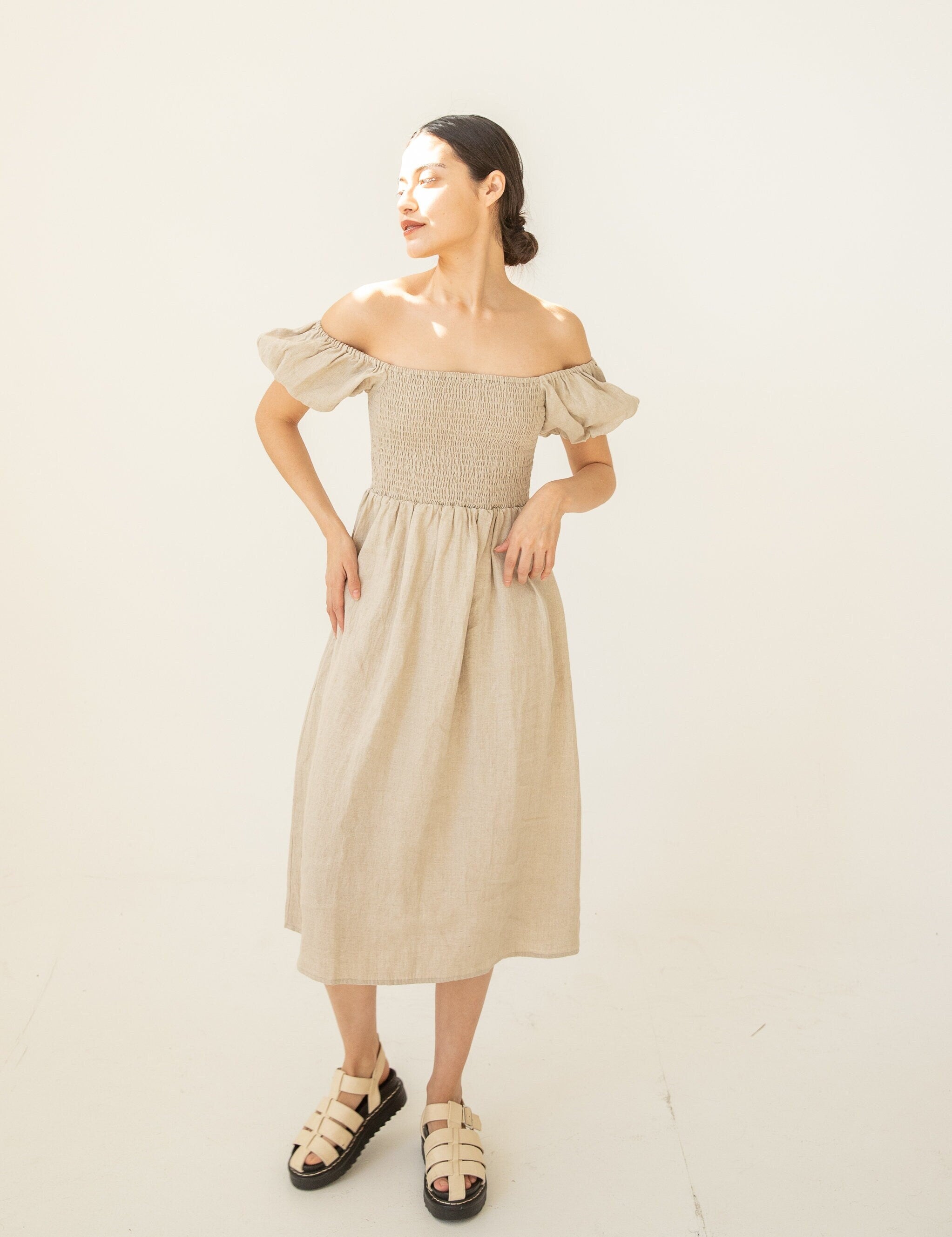 Linen Smocked Dress good , Linen Dress Puffy Sleeves , Linen Smocked off Shoulder Dress , Smock Linen Dress , Linen Maternity Dress