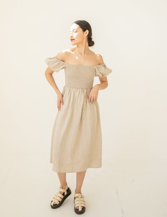 Chic Linen Smocked Off-Shoulder Dress with Puff Sleeves