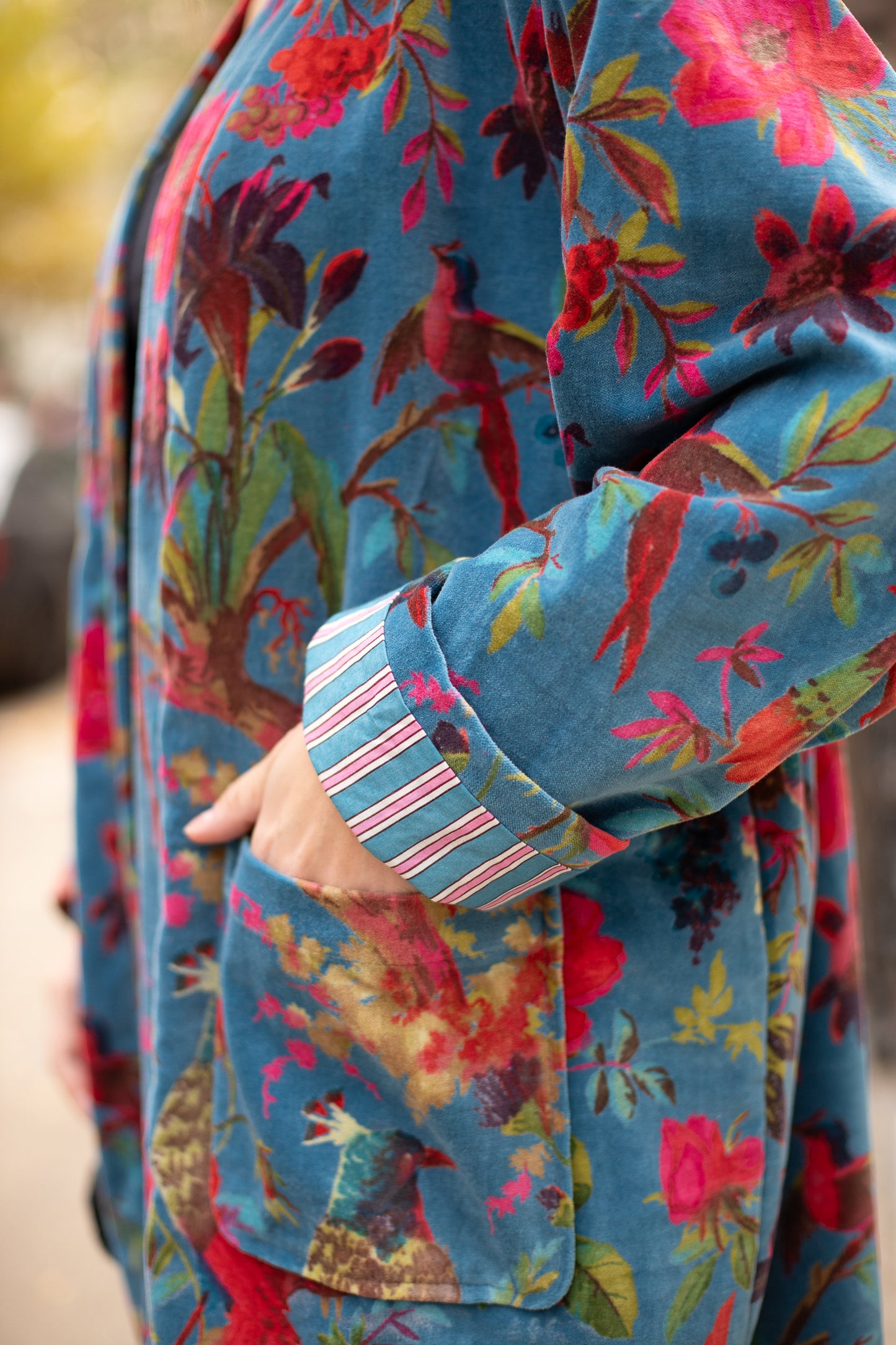 Floral Bird Print Velvet Long Kimono Jacket - Versatile & Elegant