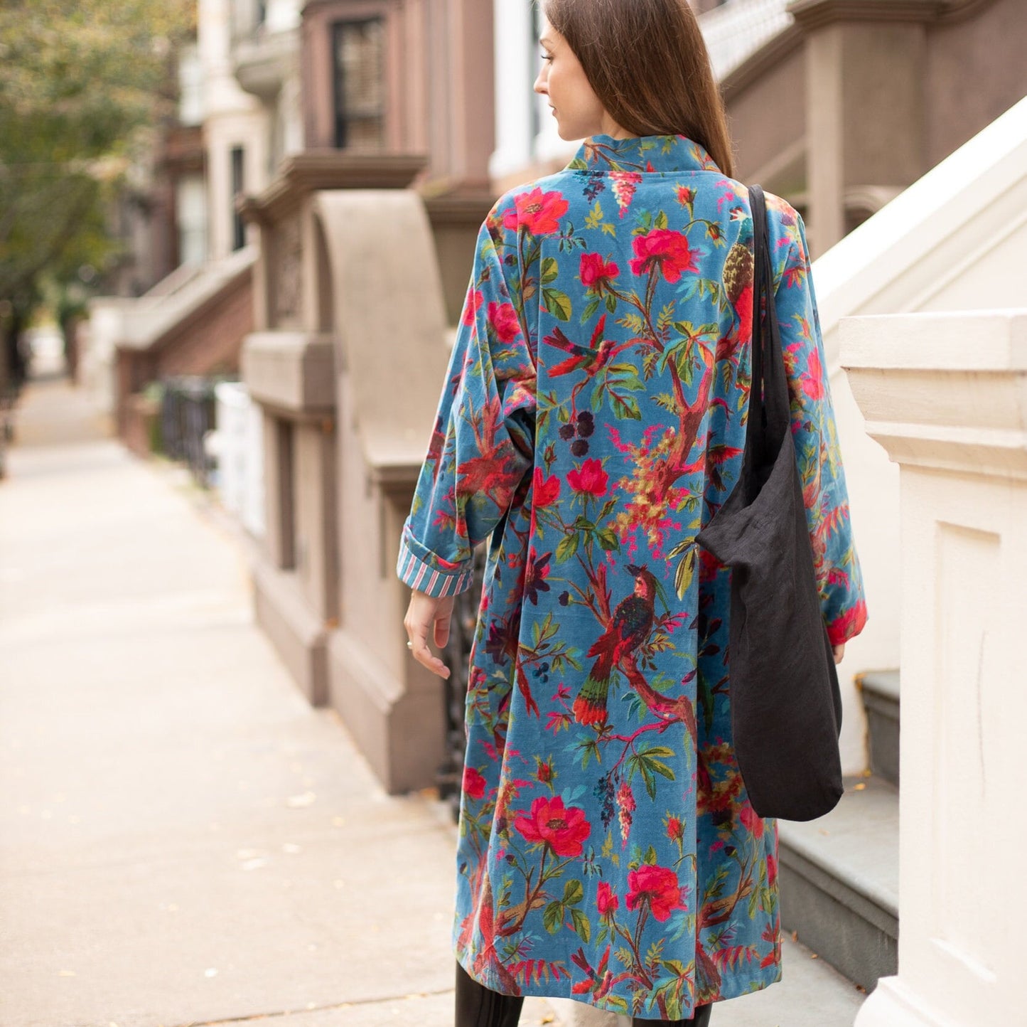 Floral Bird Print Velvet Long Kimono Jacket - Versatile & Elegant