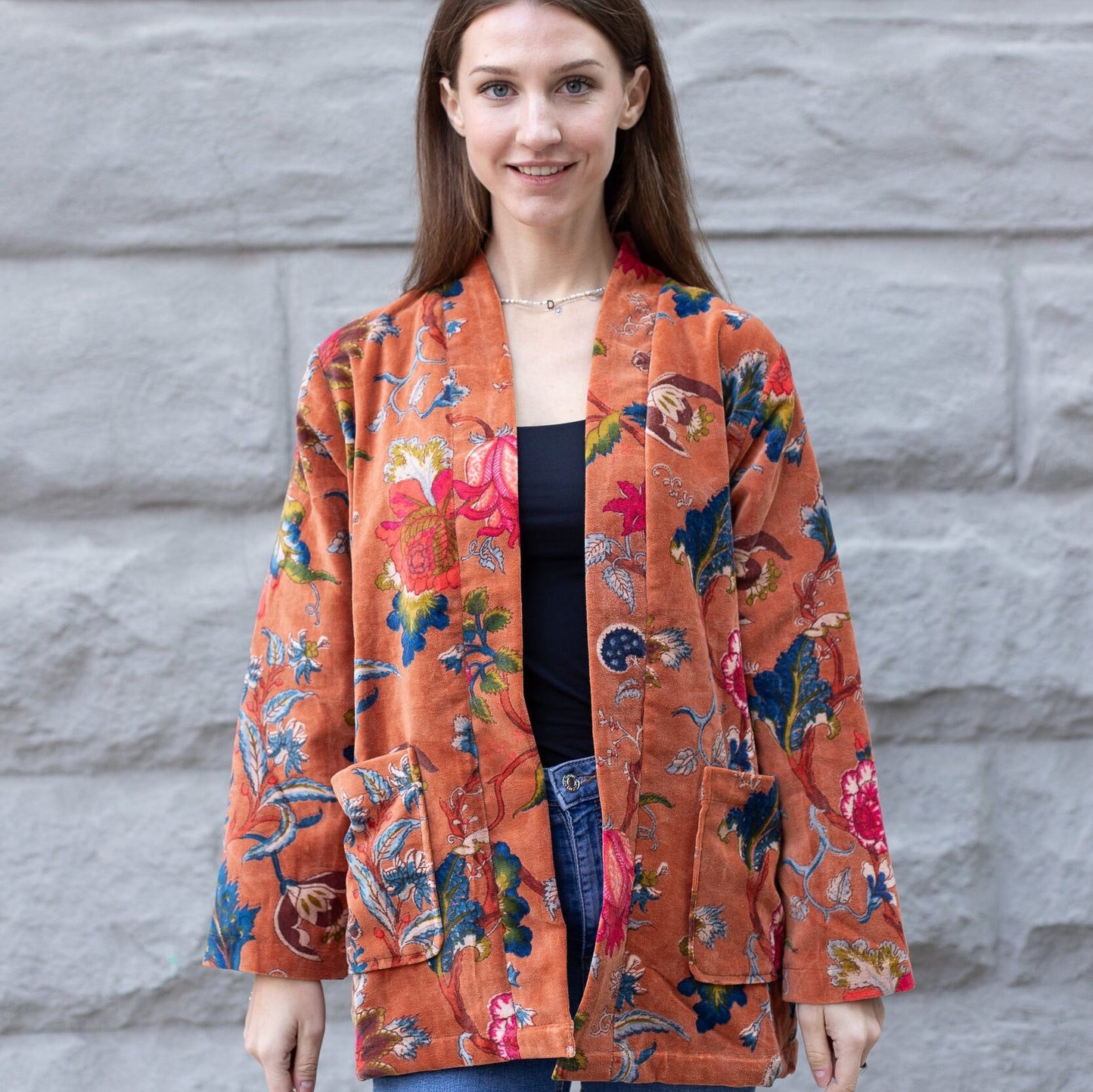 Japanese-Inspired Velvet Kimono Cardigan | Bird Print Short Jacket
