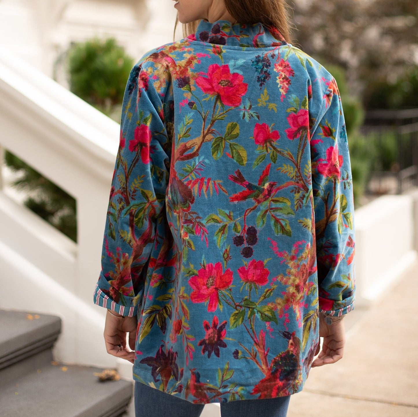 Elegant model showcasing the back of the Japanese-Inspired Velvet Kimono Cardigan with Bird Print Short Jacket.