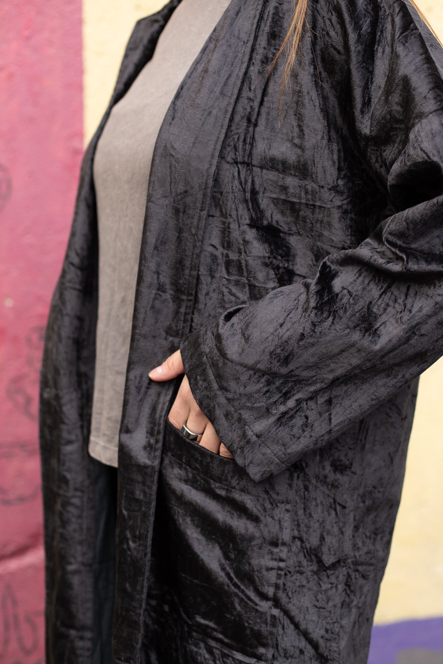 Black velvet cardigan coat - close up