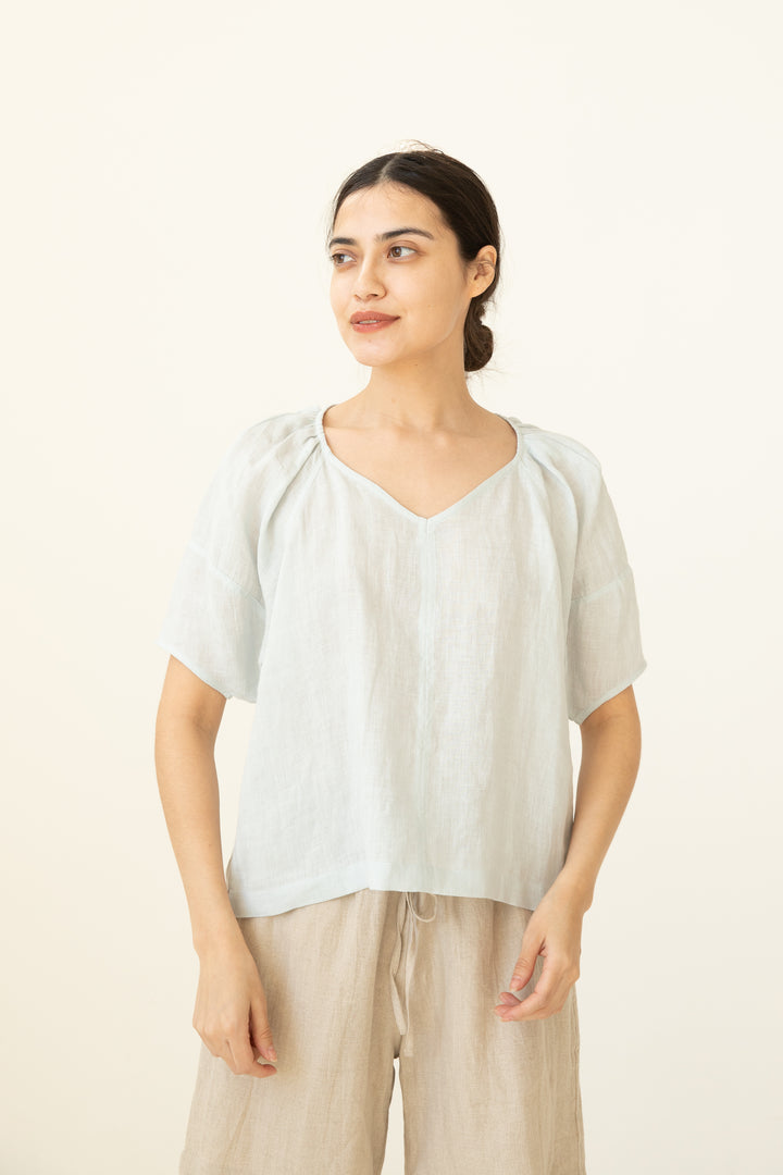 Airy Linen V-Neck Top with Puffy Sleeves