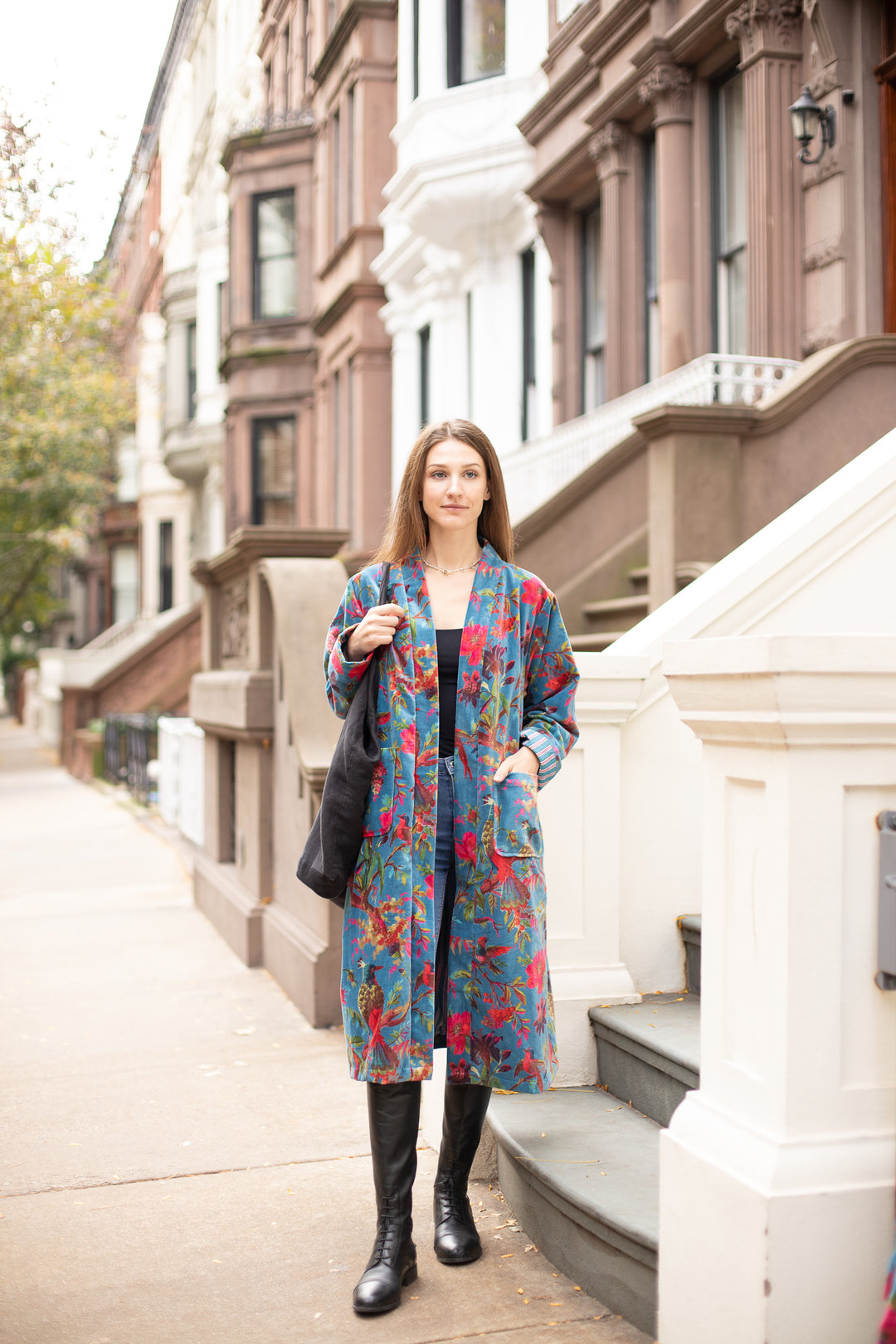 Floral Bird Print Velvet Long Kimono Jacket - Versatile & Elegant