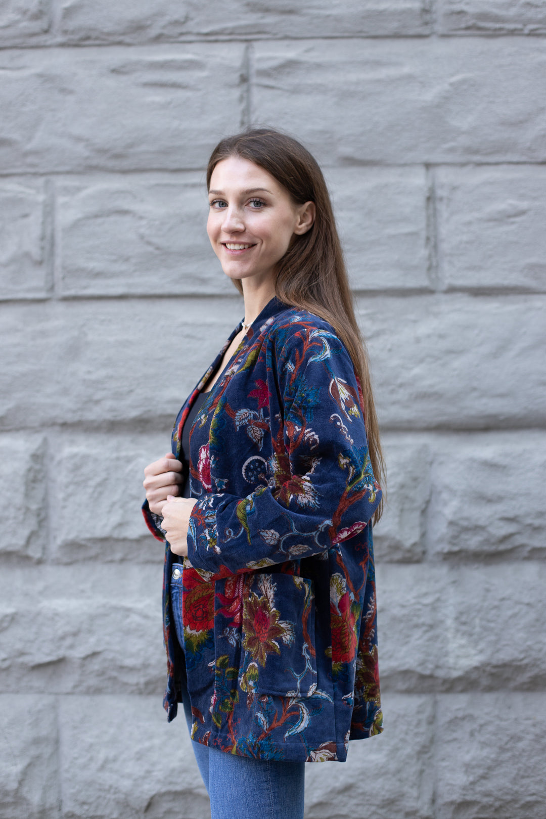 Japanese-Inspired Velvet Kimono Cardigan | Bird Print Short Jacket