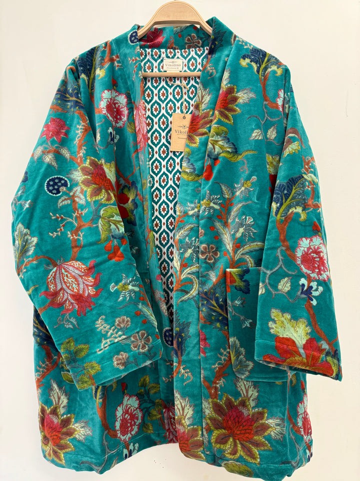 Japanese-Inspired Velvet Kimono Cardigan | Bird Print Short Jacket