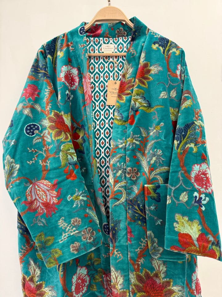 Floral Bird Print Velvet Long Kimono Jacket - Versatile & Elegant