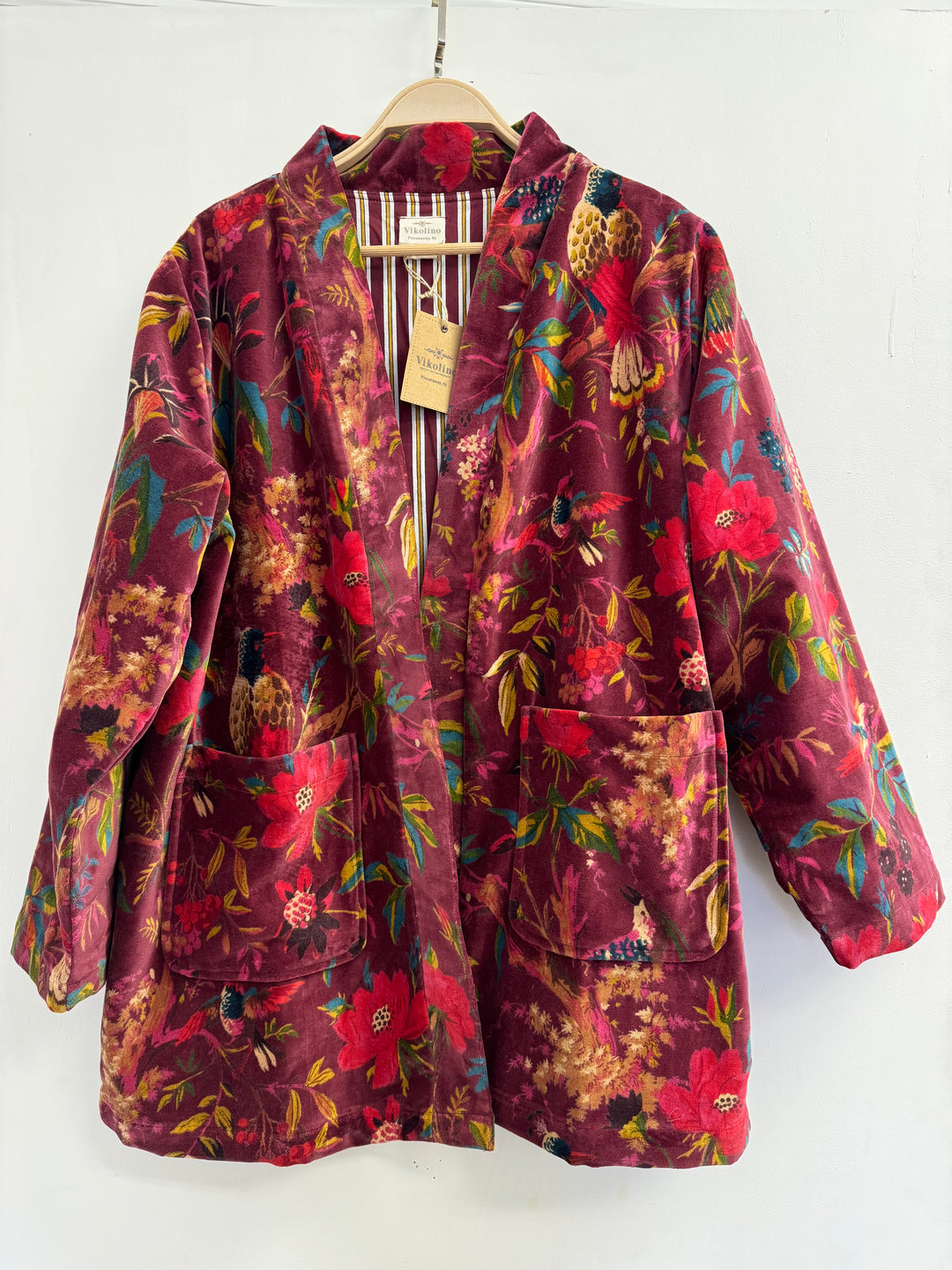 Japanese-Inspired Velvet Kimono Cardigan | Bird Print Short Jacket