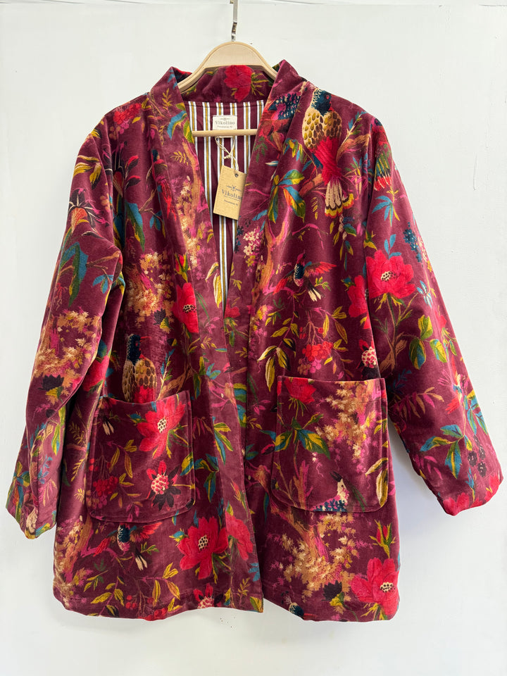 Japanese-Inspired Velvet Kimono Cardigan | Bird Print Short Jacket