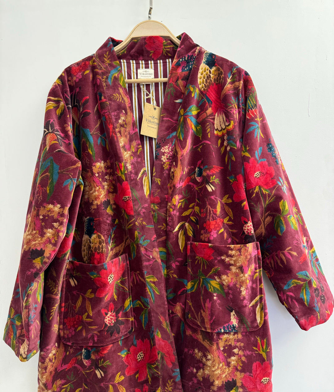 Floral Bird Print Velvet Long Kimono Jacket - Versatile & Elegant