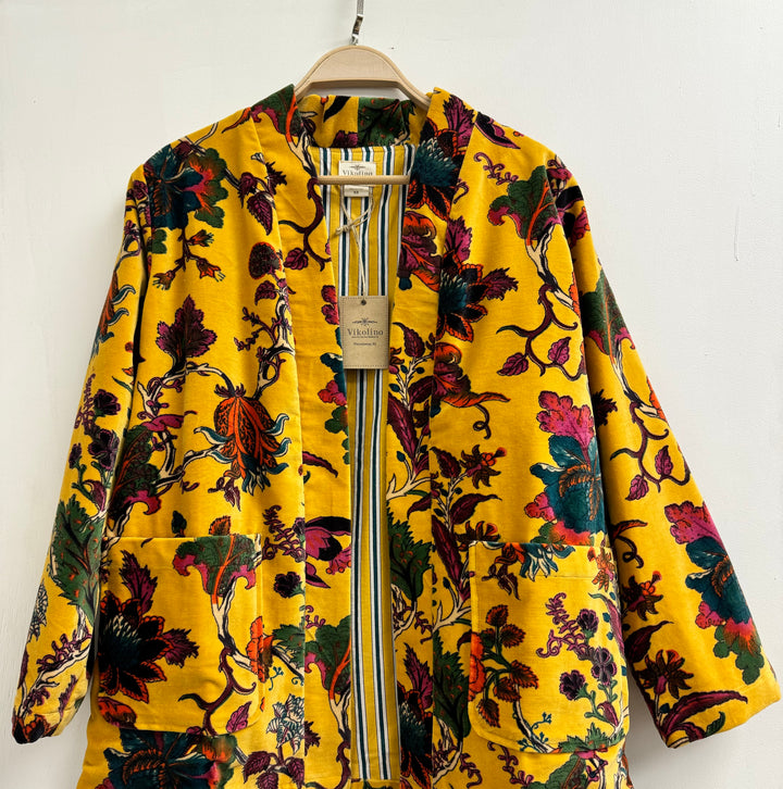 Floral Bird Print Velvet Long Kimono Jacket - Versatile & Elegant