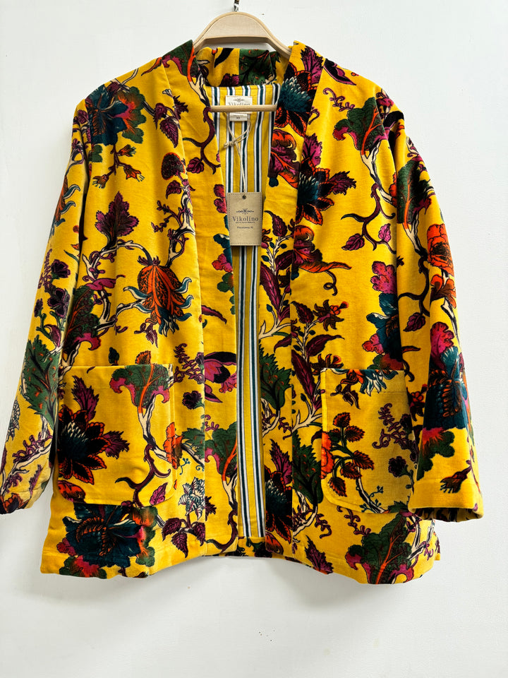 Japanese-Inspired Velvet Kimono Cardigan | Bird Print Short Jacket