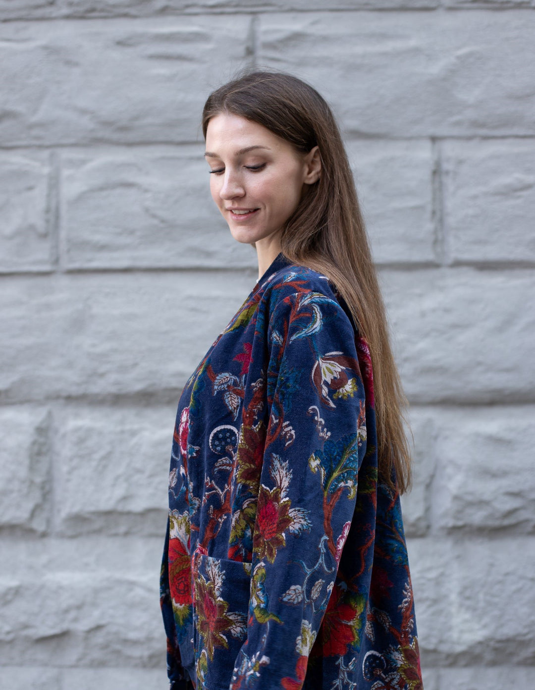 Floral Bird Print Velvet Long Kimono Jacket - Versatile & Elegant