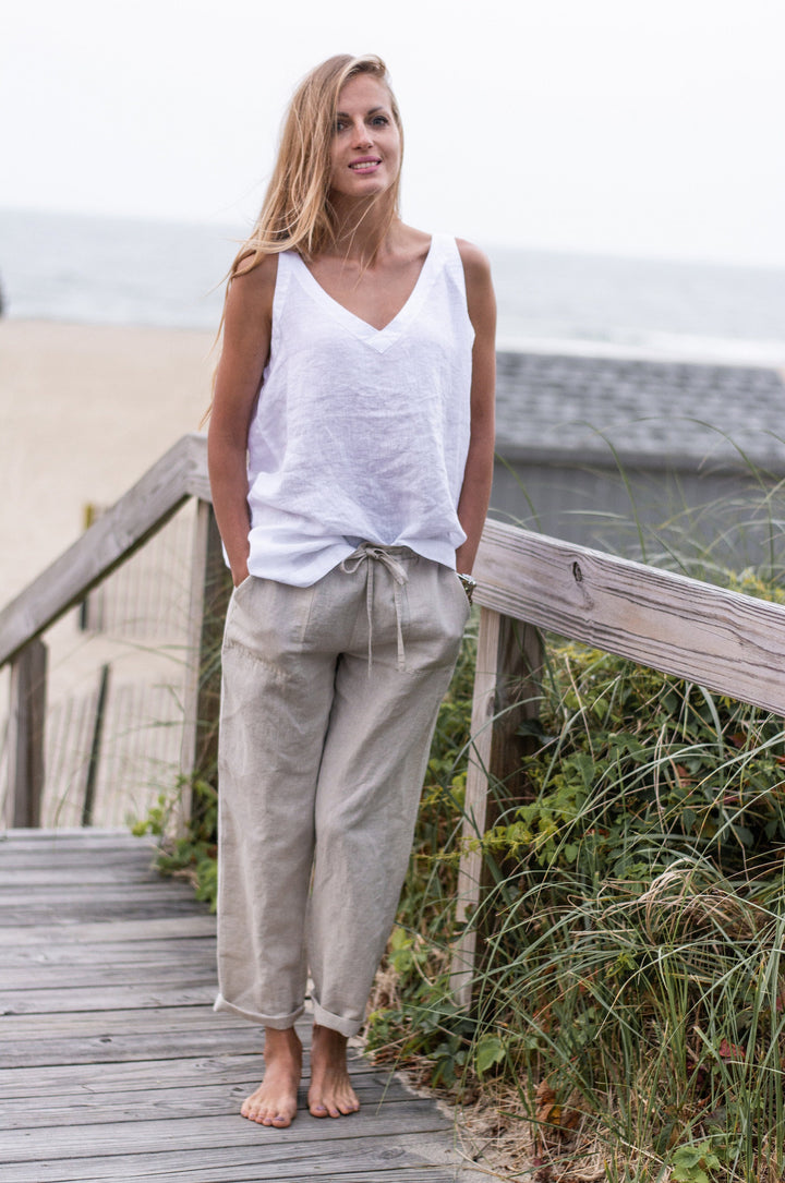 Elegant dusty rose V-neck linen tank, reflecting boho summer style