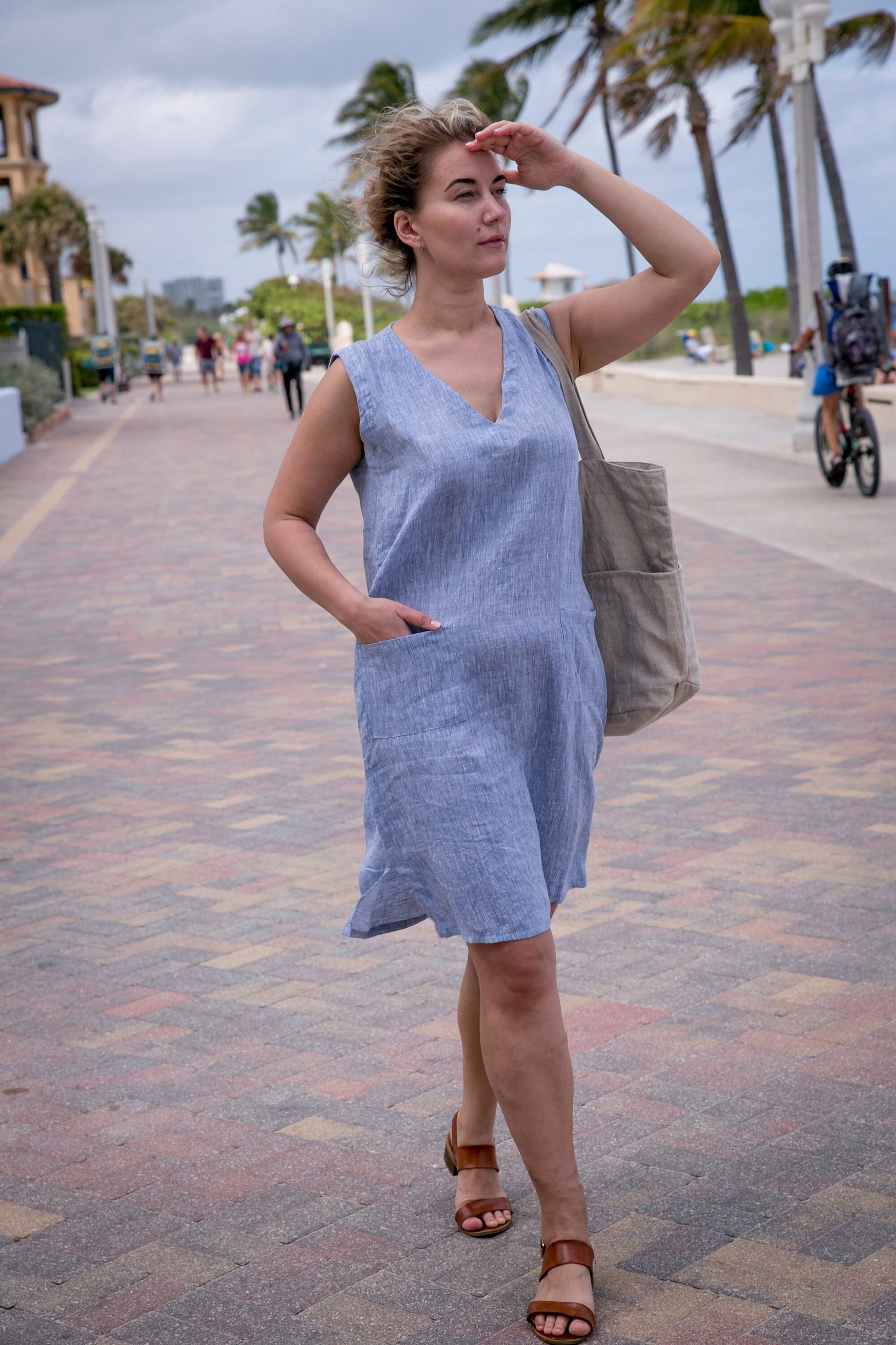 Detail of the dress’s unique wrinkles, exemplifying washed linen quality.