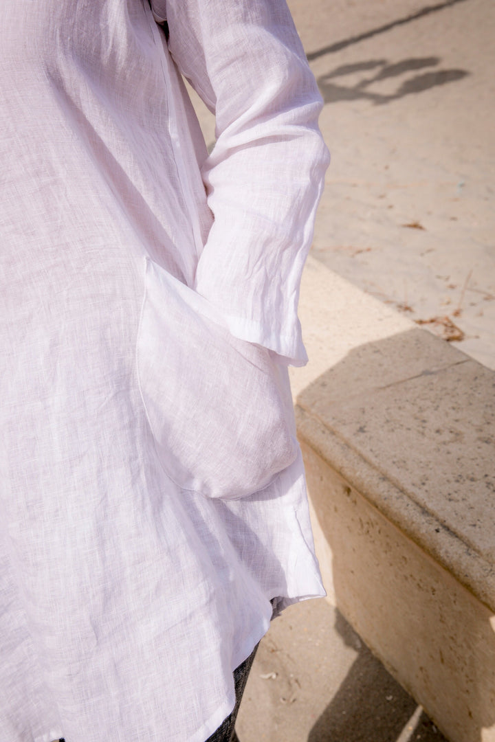 Detail of the craftsmanship on a pre-washed and pre-shrunk linen tunic.