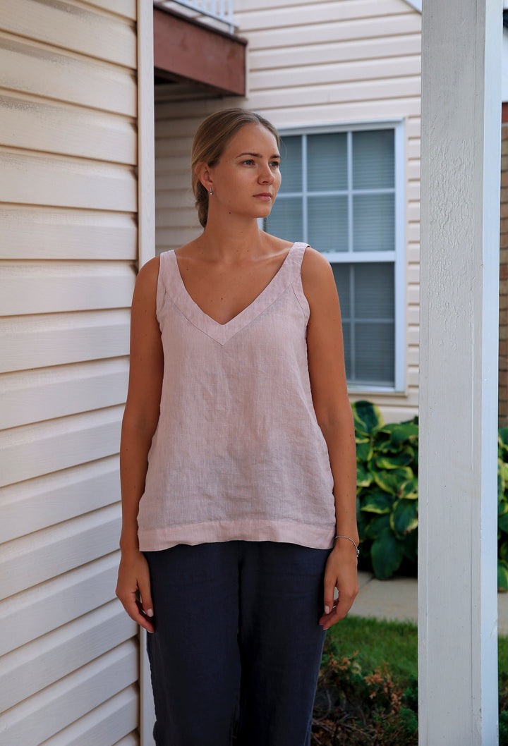 Dusty Rose Linen V-Neck Tank Top for Women