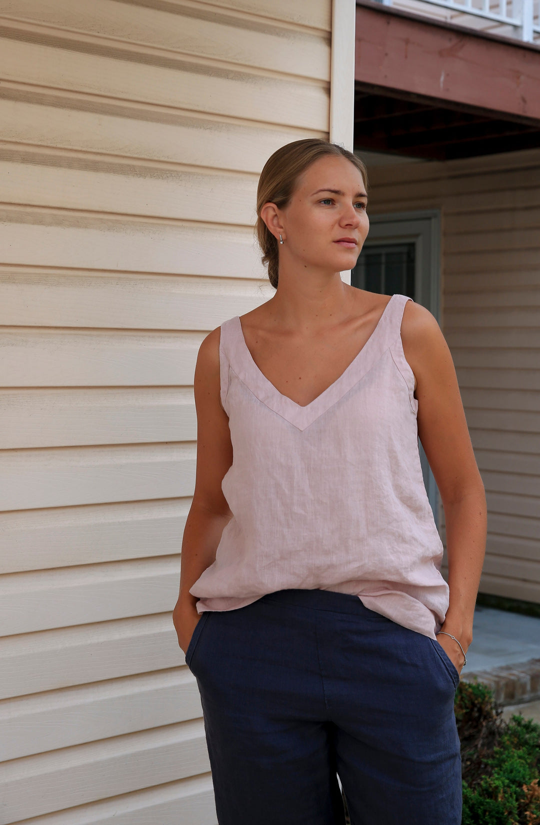 Dusty Rose Linen V-Neck Tank Top for Women