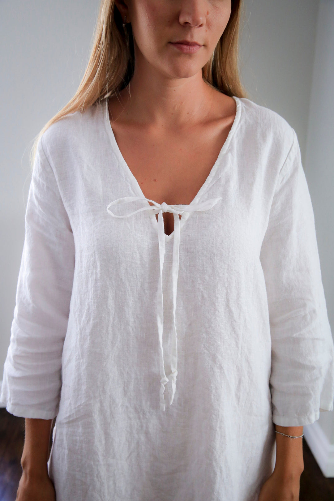 Close-up on the soft, comfortable linen of the Tasha Caftan.