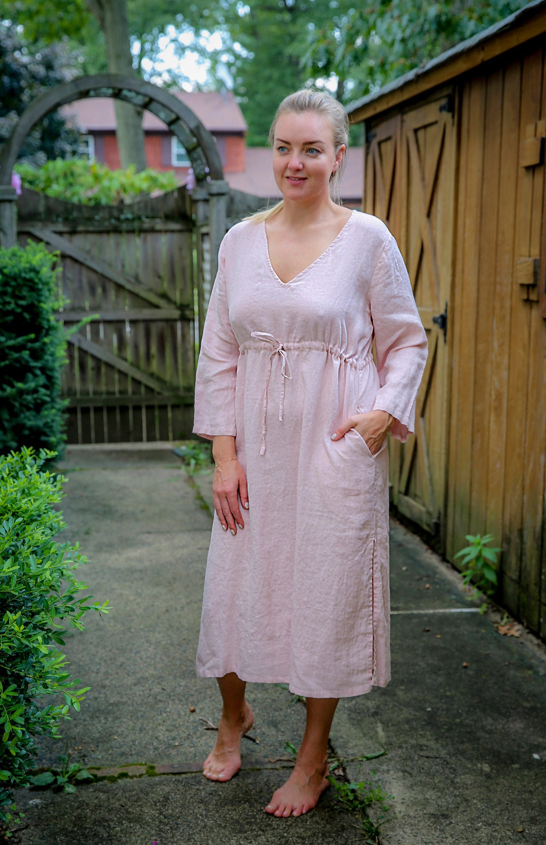 Elegant linen caftan dress in white hue by Vikolino.