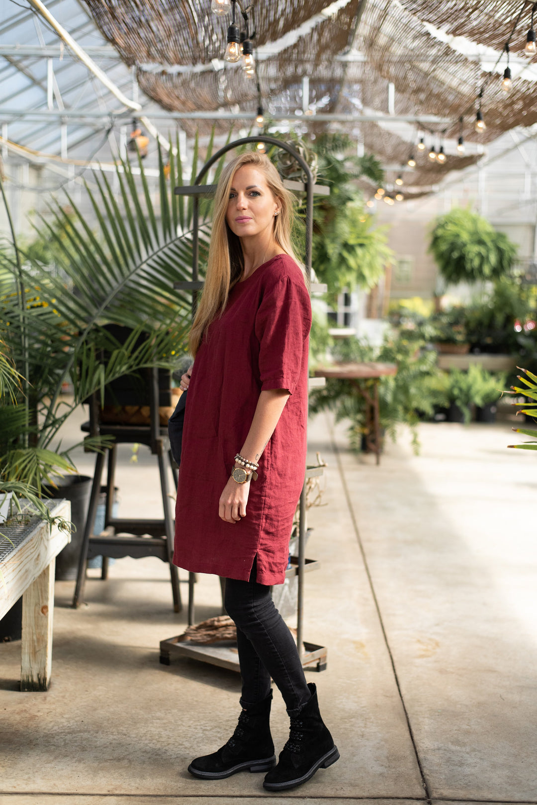 Soft and breathable medium weight linen dress in a dusty rose hue.