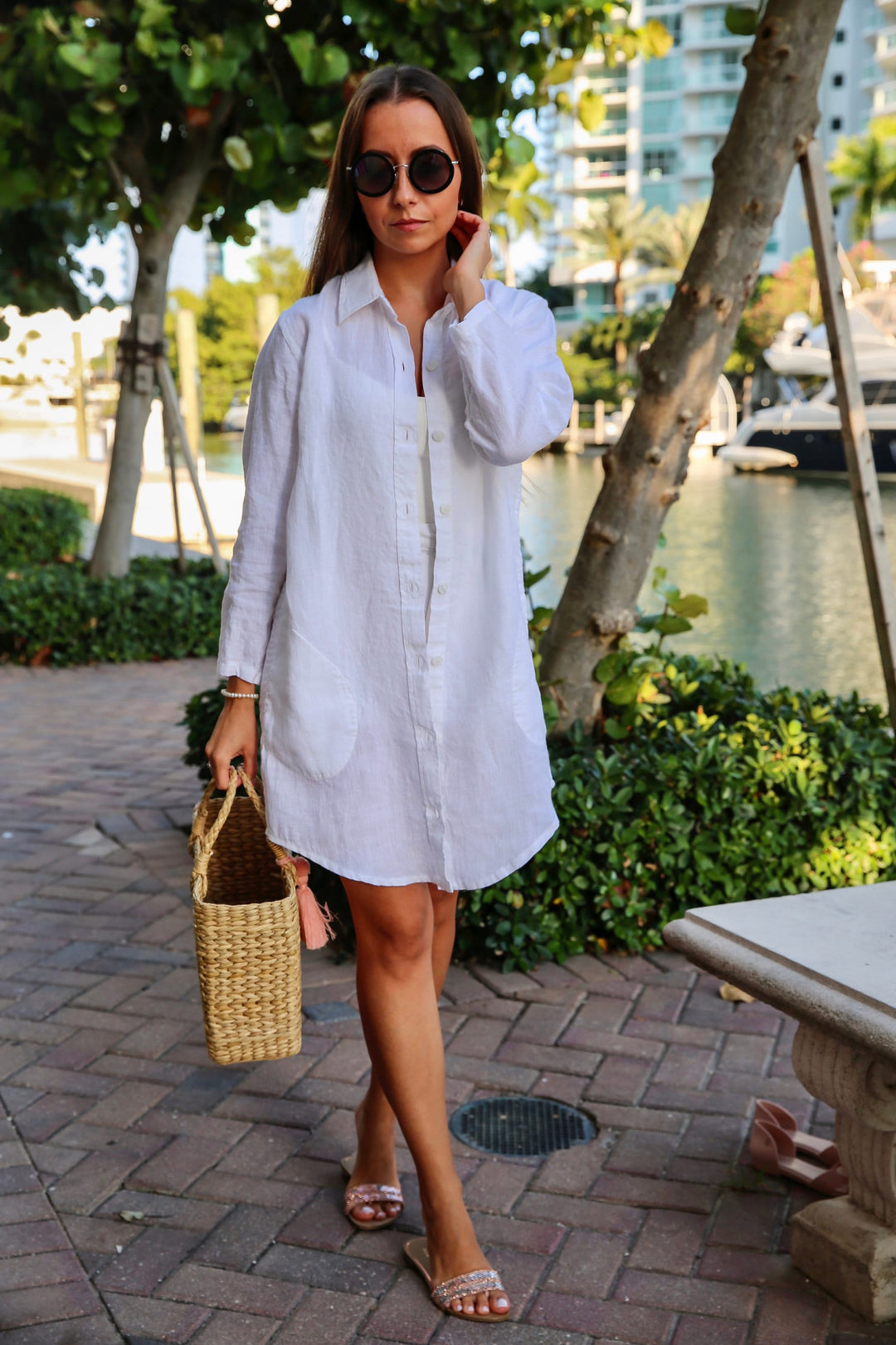 Detail of the cuff and button of the linen shirt dress.