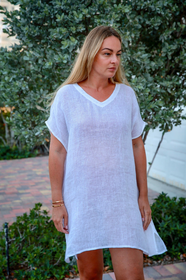 Linen Sheer( Gauze) Cover Up | V-Neck Sheer Loose Linen Tunic Top | Linen Sheer Beach Dress