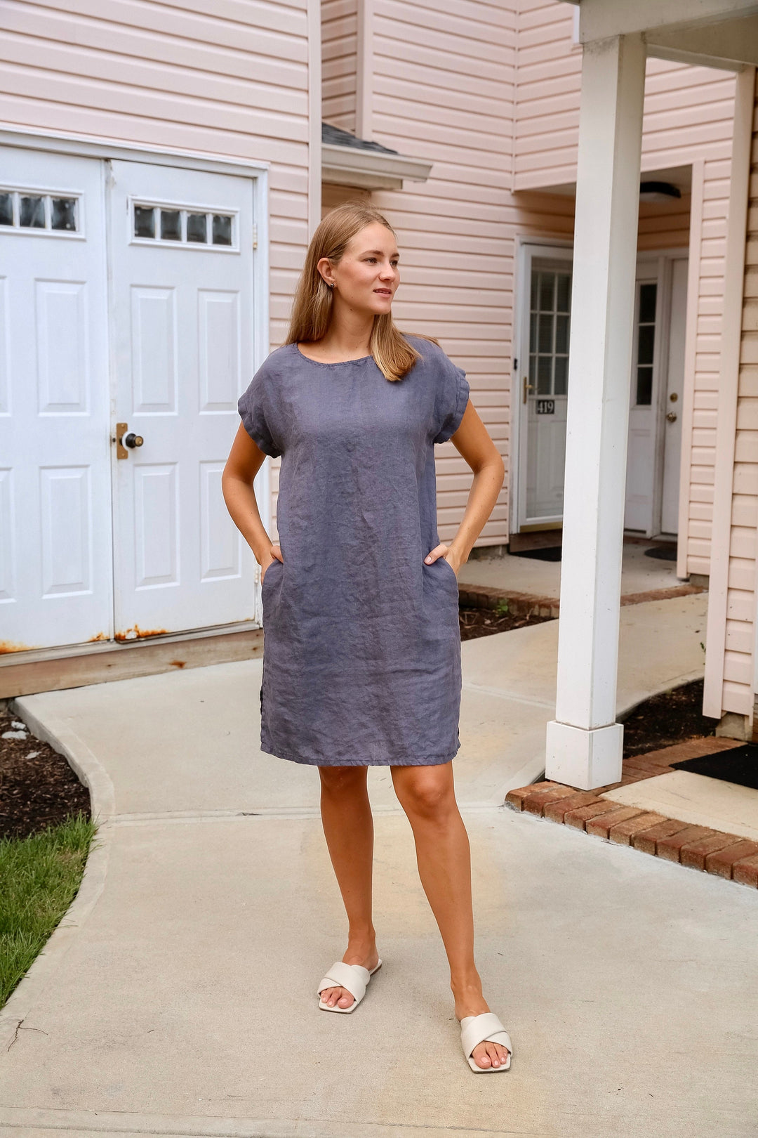 Close-up of a medium-weight linen dress showcasing its natural texture.