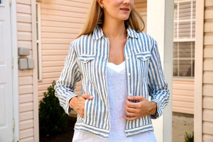 Front button detail of the pre-shrunk linen jacket in natural light.