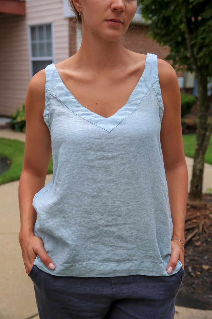 Dusty Rose Linen V-Neck Tank Top for Women