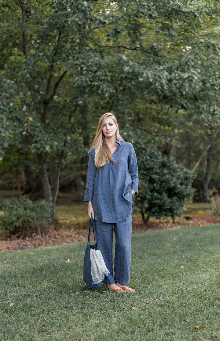 Model flaunting the versatile Linen October Tunic, styled for a casual day out.