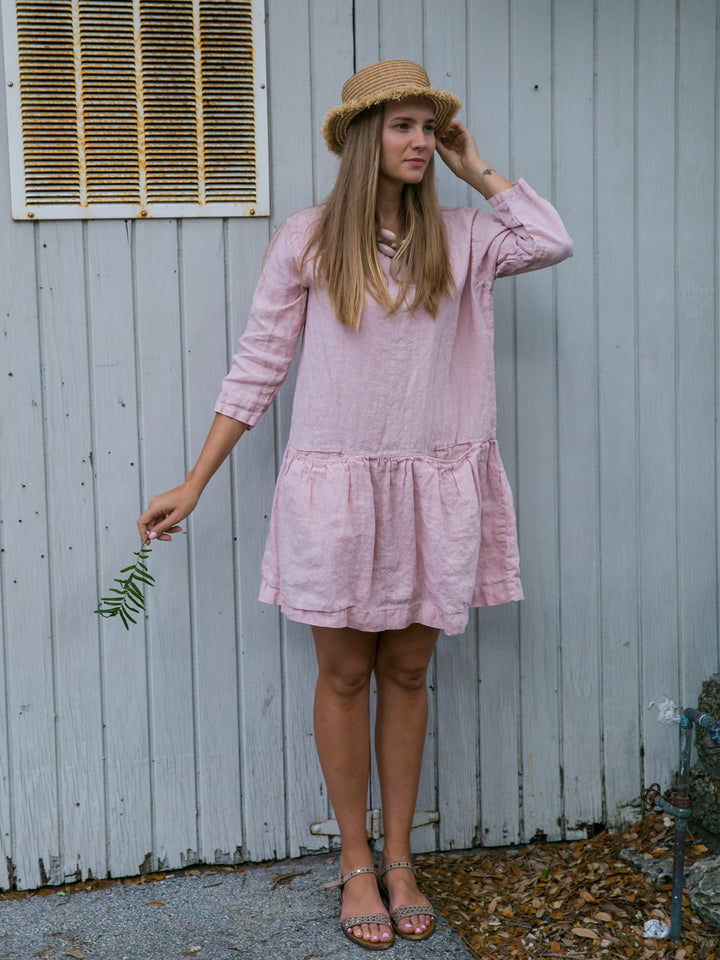 Woman embodying boho charm in a Mary Jay Linen Summer Dress.