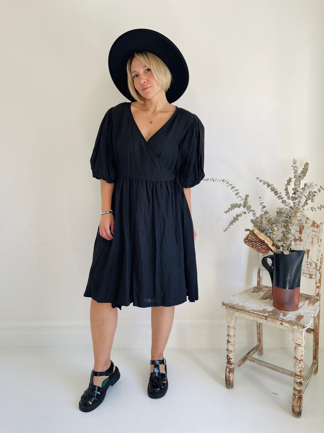 Chic Puffy Sleeve Linen Wrap Dress