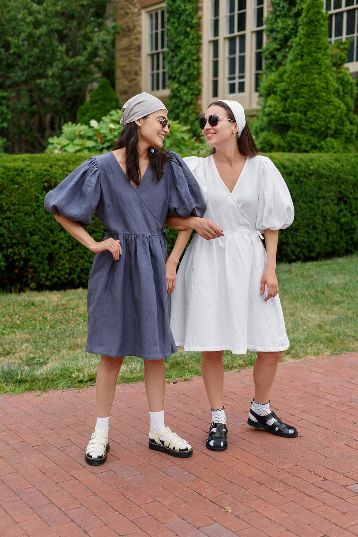 Chic Puffy Sleeve Linen Wrap Dress