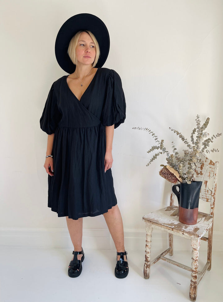 Chic Puffy Sleeve Linen Wrap Dress