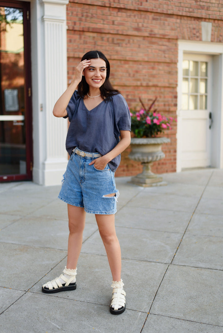 Airy Linen V-Neck Top with Puffy Sleeves