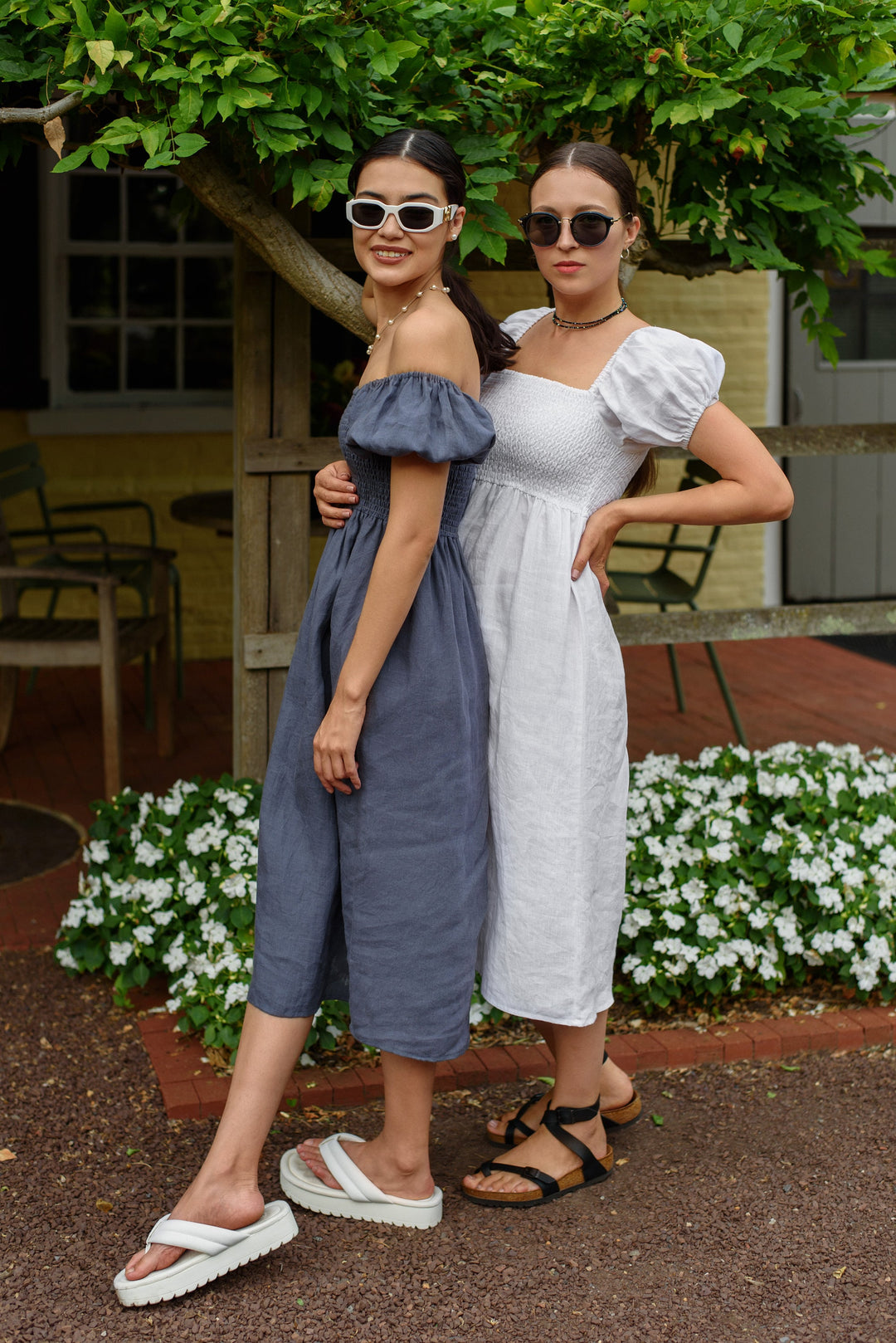 Chic Linen Smocked Off-Shoulder Dress with Puff Sleeves