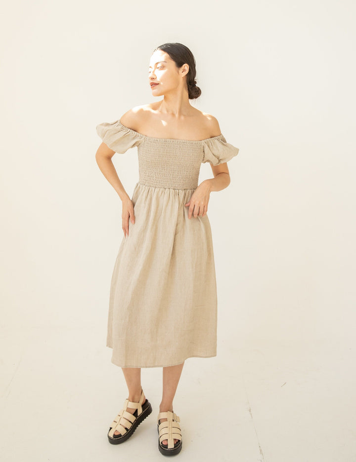 Chic Linen Smocked Off-Shoulder Dress with Puff Sleeves